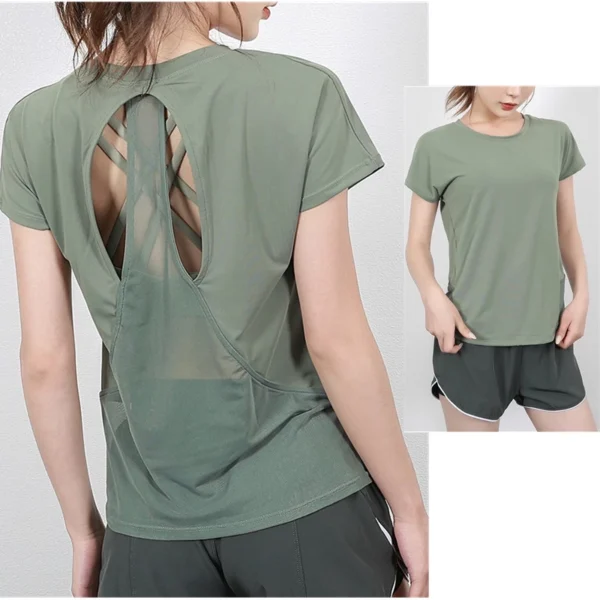 Yoga T-Shirts Quick Dry Fitness Sports Tops Womens Loose Running Shirts Short Sleeve Workout Gym Tees Sexy Backless